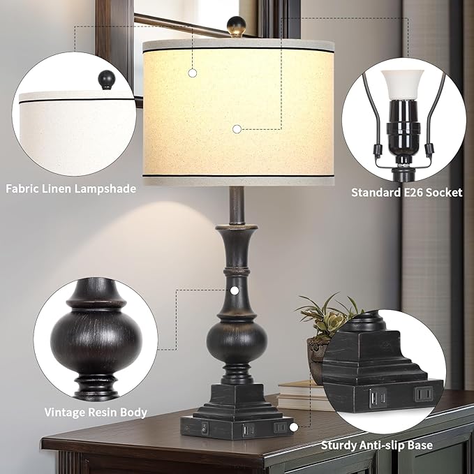 Farmhouse Lamps Set of 2, Antique Vintage Rustic Touch Control Table Lamps with USB A+C Ports & AC Outlet, Retro Classic Bedside Nightstand Lamp for Living Room Bedroom Office Black - Bloomnest