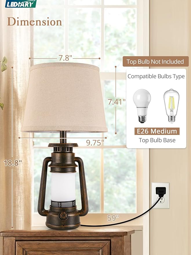 LEDIARY 18.72" LED Vintage Lantern Flickering Flame Table Lamps for Bedrooms Set of 2, Farmhouse Rustic Vintage End Table Lamps, Rustic Retro Bedside Nightstand Desk Lamp for Living Room - Bloomnest