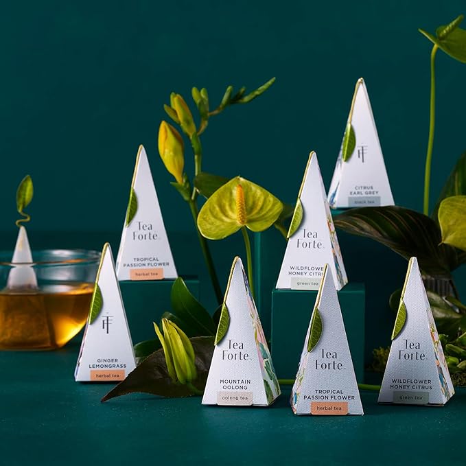 Tea Forte Demoiselle Petite Presentation Box Tea Gift Set Sampler, 10 Count, 2 of Each Variety Individually Wrapped Handcrafted Pyramid Infuser Bags - Bloomnest