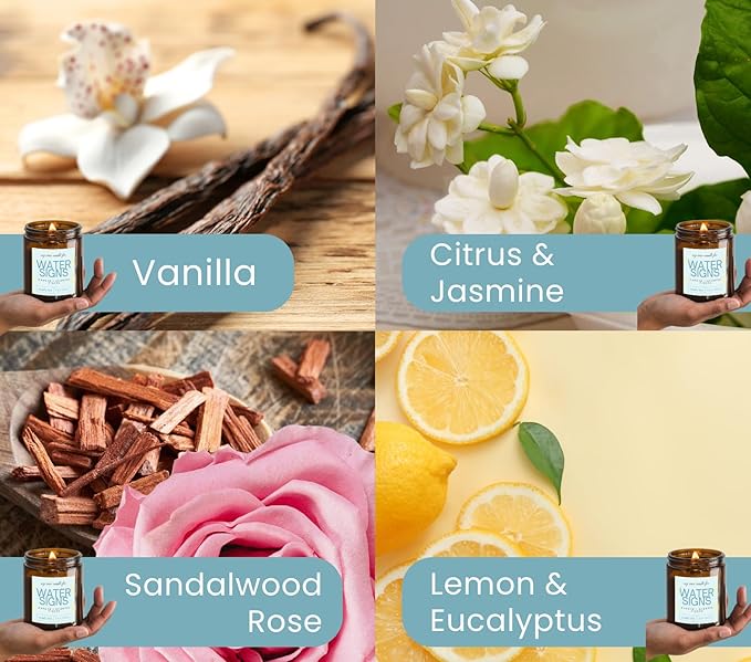 Pisces, Cancer, Scorpio Gifts for Women - 4Pack Wood Wick Candles, 6oz Small Candles Set for Women. Zodiac Astrology Birthday Spiritual Gifts, Natural Soy Wax - Bloomnest