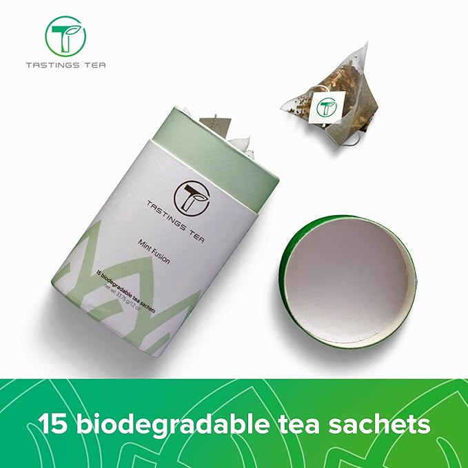 Tastings Tea Mint Fusion - 15 Biodegradable Sachets | Spearmint & Peppermint with Black Tea & Lemongrass Blend | Natural Pyramid Bags - Bloomnest