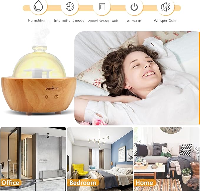 2025 Upgraded Remote Handmade Glass & Real Wood Essential Oil Diffuser, Aromatherapy Diffuser, 200ml Aroma Humidifier, Cool Mist with 7 LED Colors, Waterless Auto Shut-Off for Home Office Bedroom Gift