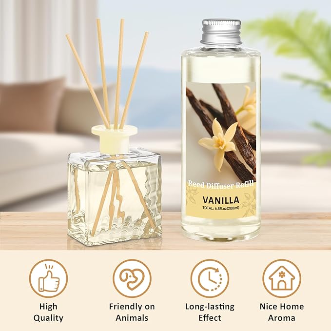 STRN Vanilla Essential Oil Reed Diffuser Refill 200ml Long-Lasting Aromatherapy, Natural Fragrance Liquid with Eco-Friendly Bottle for Home, Bedroom, Spa - Bloomnest