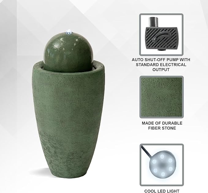 XBrand 25.98" H Round Stone Indoor/Outdoor Modern Stone Textured Sphere Water Fountain w/LED Lights, Green - Bloomnest