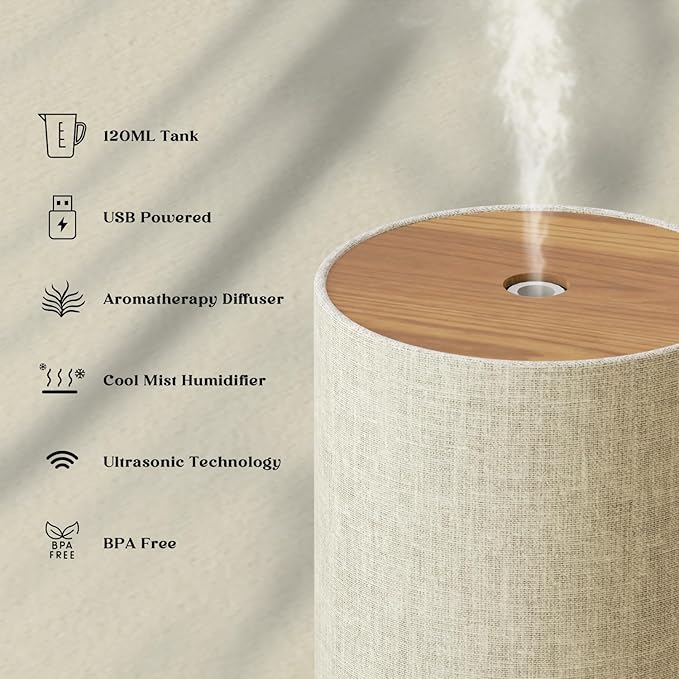 Essential Oil Diffuser with Fabric Cover, Small Portable Aroma Diffuser for Home 120ml, Ultrasonic Aromatherapy Oil Diffuser with 7 Colors LED, Auto Shut-Off Function, Mini Humidifier for Bedroom SNOWSEN