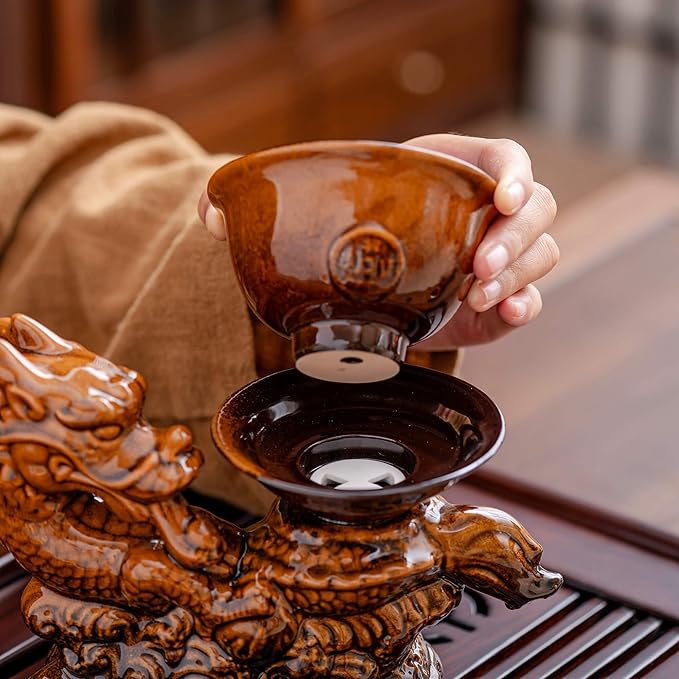 Ceramic Teapot with Infuser Semi Automatic Tea Set Magic Teapot with 8 cups Gradient Color (Yellow Dragon- B) - Bloomnest