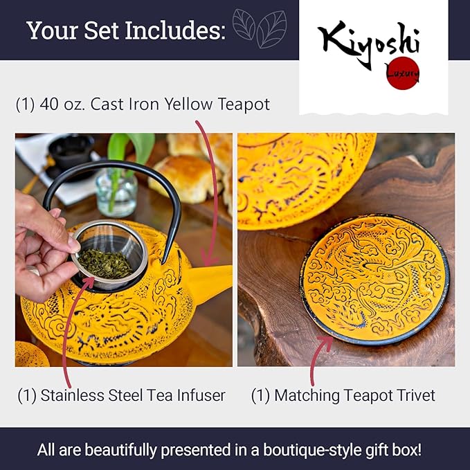 Large Cast Iron Tea Kettle Set - 40oz/1200ml Japanese Teapot with Infuser & Matching Trivet - Tetsubin Iron Tea Pot Japanese Style with Enamel Interior - Handcrafted Dragon Teapot Humidifier - Yellow