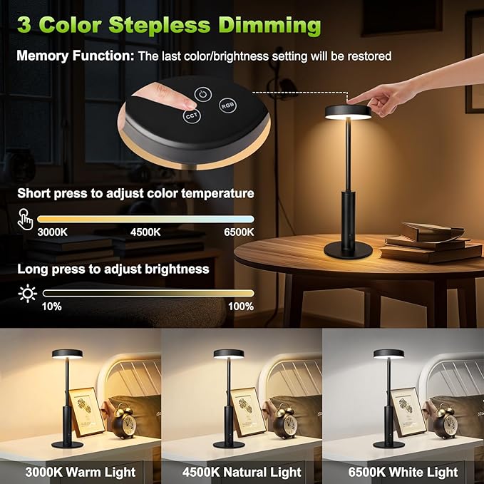 Small Cordless Table Lamps Rechargeable,5000mAh Battery Operated Portable Desk Lamp,3 Colors & RGB Stepless Dimmable Wireless Touch Lamps for Restaurant Home Dinner Dining Patio(Black) - Bloomnest