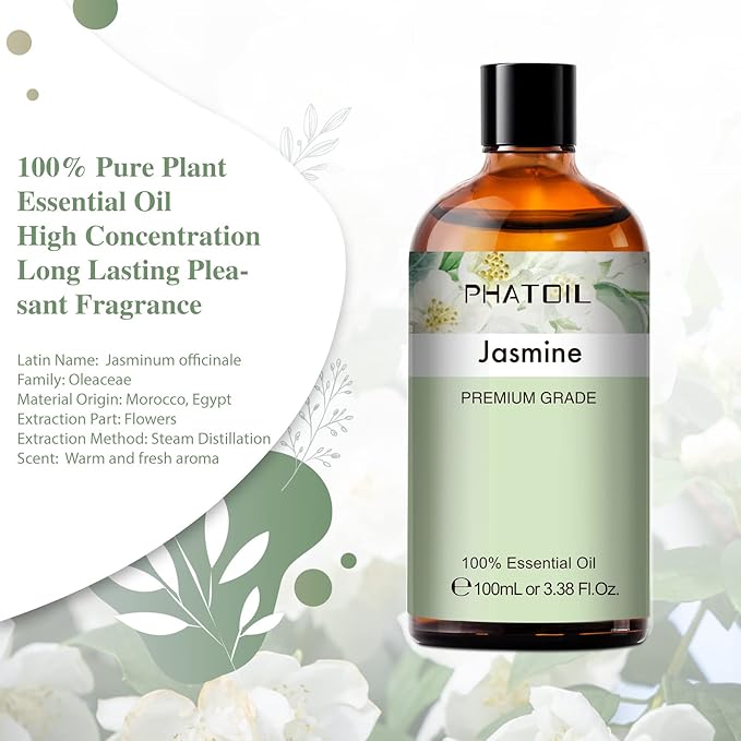 PHATOIL 3.38FL.OZ Jasmine Essential Oil with Glass Dropper, for Aromatherapy Diffusers, Humidifiers, Great for DIY Candle and Soap Making, Huge 100ML Bottle PHATOIL