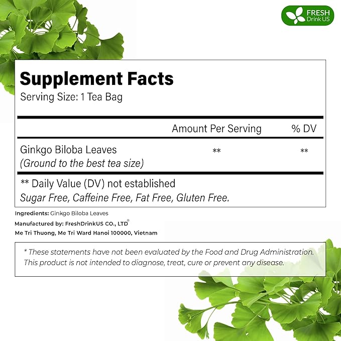 FreshDrinkUS, Premium 75 Ginkgo Biloba Leaf Tea Bags, 100% Natural & Pure from Ginkgo Biloba Leaves. Loose Leaf Herbal Tea. Made with Eco-Conscious Tea Bags. No Sugar, No Caffeine, No Gluten, Vegan. - Bloomnest