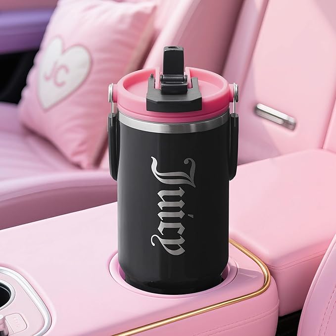 Juicy Couture Flip Fusion Hydration 40oz Stainless Steel Tumbler with Flip Handle, Black - Bloomnest