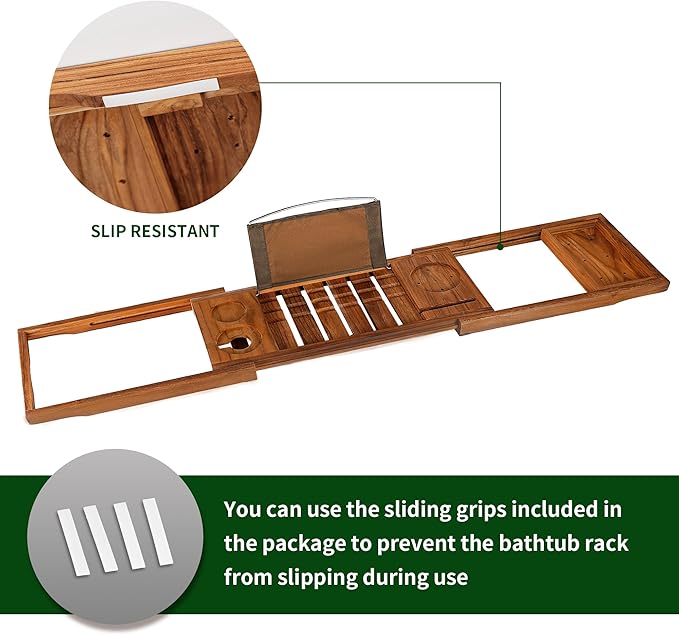 VaeFae Premium Teak Bathtub Tray, Expandable Wooden Bath Tray for Tub, Luxury Bathtub & Bathroom Accessories, Great House Warming, Anniversary & Wedding and Birthday Gifts (Free Teak Body Brush) - Bloomnest