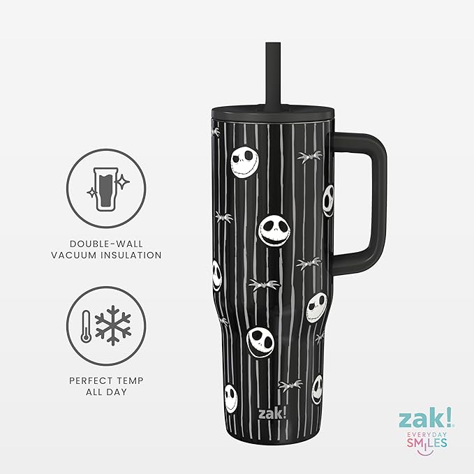 Zak Designs Disney Tim Burton's The Nightmare Before Christmas Sutton Travel Tumbler for On the Go, 30oz Stainless Steel with Vacuum Insulation and Silicone Straw for Cold Drinks (Jack Skellington) - Bloomnest