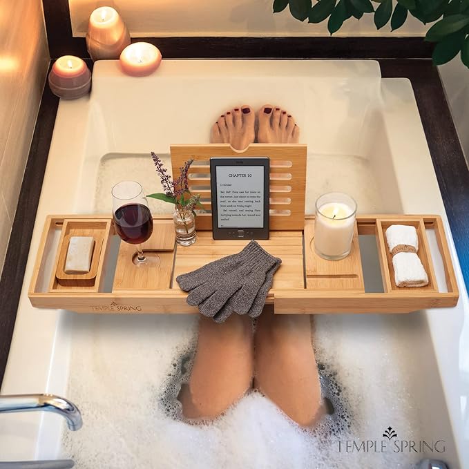 Temple Spring Wooden Bathtub Tray, Bamboo Bathroom Accessories, Bath Tray for Tub, at Home Spa Essentials, Board for Tub Table, Bath Caddy for Bathtub Accessories & Bathroom Essentials – Natural - Bloomnest
