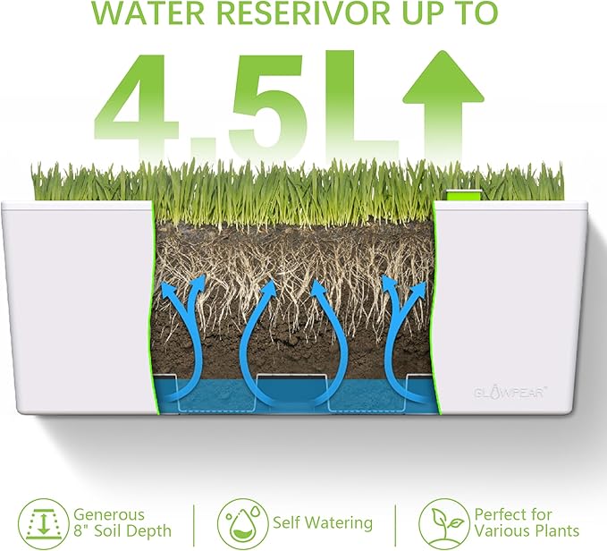 Glowpear Self Watering Railing Planter Box - 23.6", White - UV Stable, Scalable Plant Pot with Water Gauge, Indoor Outdoor for Vegetables, Flowers, Herbs, and Succulents - Bloomnest