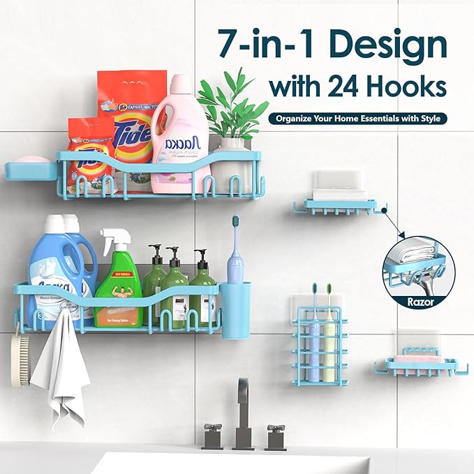 Shower Caddy Adhesive Shower Organizer 7-Pack, Rustproof Stainless Steel Bathroom Shelves, Large Capacity No-Drill Rack Storage Accessories with Soap Dish Toothbrush Holder Hooks - Bloomnest