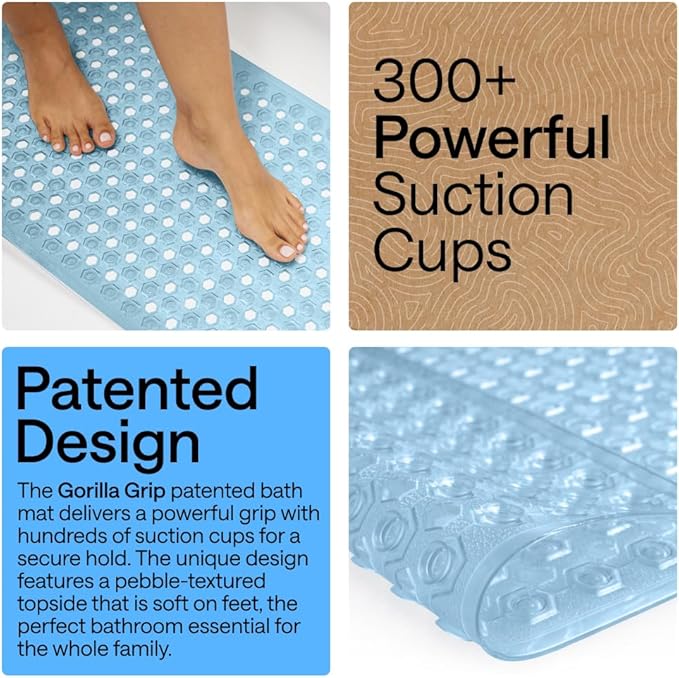 GORILLA GRIP Patented Bath Tub Shower Mat, Machine Washable Bathtub Floor Liner Mats, Suction Cups and Drain Holes to Keep Tubs Clean, Soft on Feet, Bathroom Essentials, 35x16 Inch, Clear Blue - Bloomnest