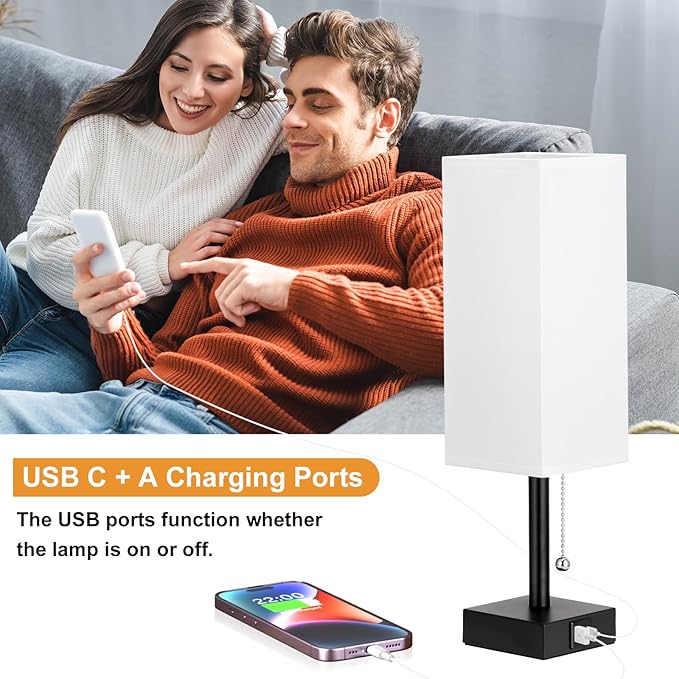 Bedside Table Lamps Set of 2 - Small White Bedroom Lamps with 3 Color Temperatures (3000K/5000K/4000K), Square Nightstand Lamp with USB C + A Charging Ports, Pull Chain Night Light - Bloomnest