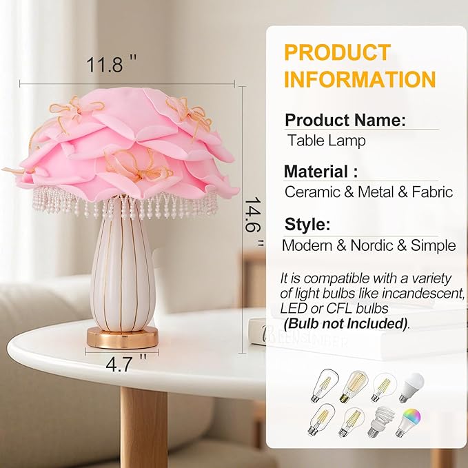 Pink Girls Table Lamp Romantic Bouquet Bedside Lamp Cute Nightstand Light Nordic Table Lamp for Bedroom Living Room Entry Office Study Room Kid Room Valentines Dating Wedding Decor - Bloomnest