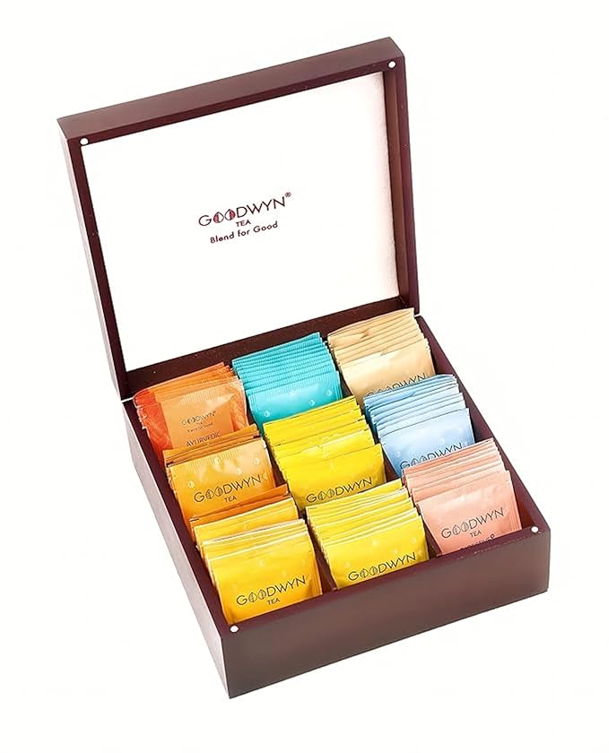 Goodwyn Assorted Tea Sampler Box – 90 Individually Wrapped Tea Bags | Premium Herbal, Black & Green Tea Collection in Reusable Wooden Chest | 9 Flavors x 10 Each: Peppermint, Chamomile, Assam, Darjeeling, Lemon, Green Tea, Kahwa, Jasmine, Earl Grey | I... - Bloomnest