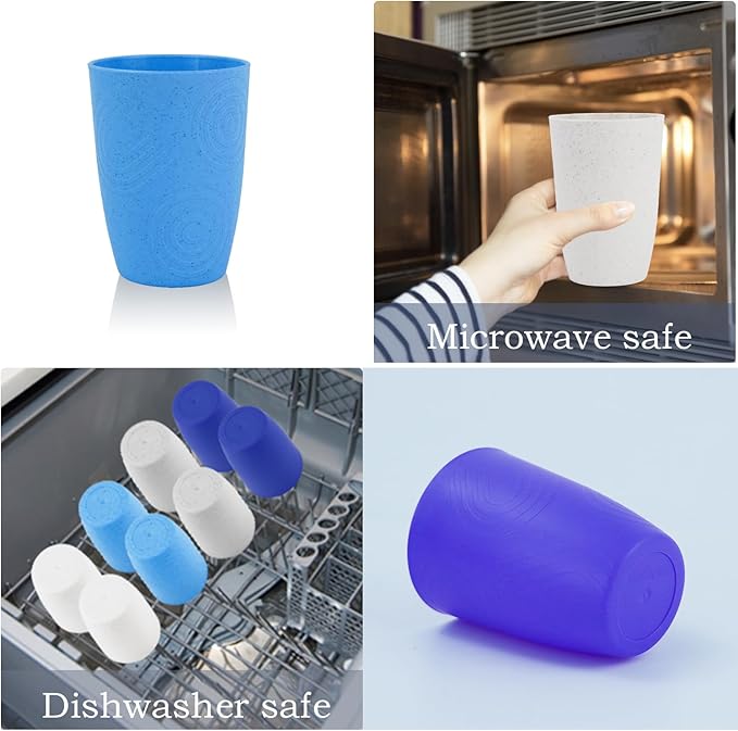 Wrova Wheat Straw Cups 8 PCS Good Alternative to Plastic Reusable Cups 12 oz Unbreakable Drinking Cup Reusable Dishwasher Safe Water Plastic Glasses,White-Grey-Blue - Bloomnest