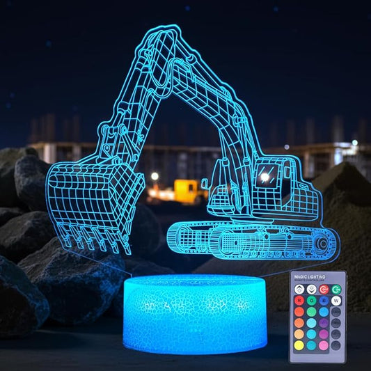 Excavator 3D Illusion Lamp for Kids, Excavator Night Light, Construction Vehicle Gifts with RGB 16 Colors Changing, Remote Control, Dimmable, Kids Room Decoration, Xmas Gifts - Bloomnest