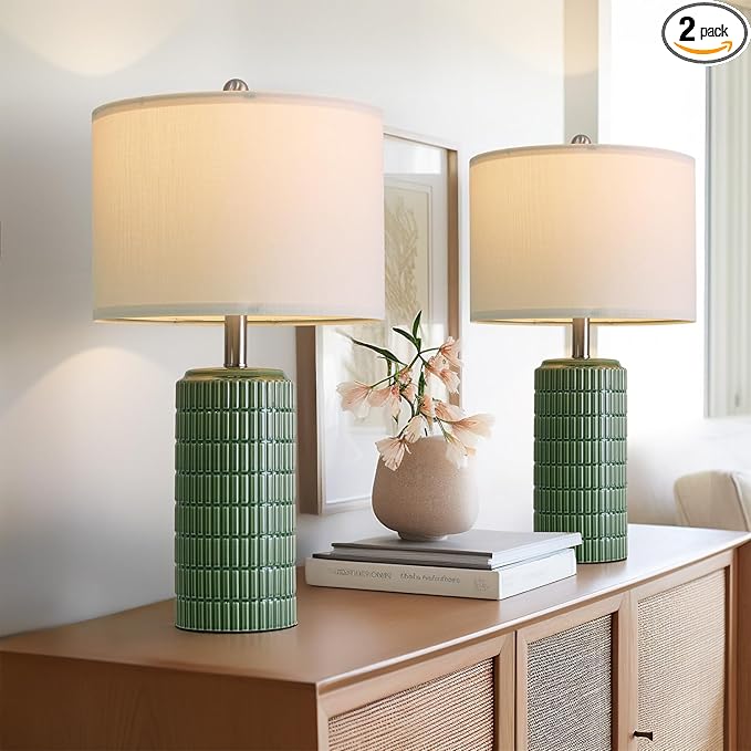 PoKat 23" Dark Green Ceramic Table Lamps Set of 2, Modern Table Lamps for Living Room, Farmhouse Lamps for Bedroom Night Stands, Traditional Nightstand Desk Decor Lamps - Bloomnest