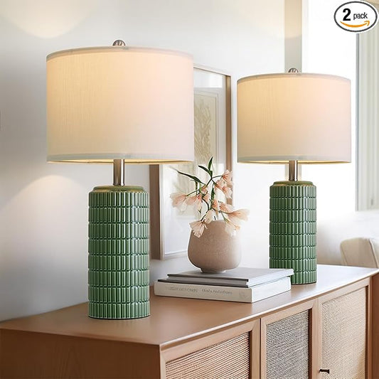 PoKat 23" Dark Green Ceramic Table Lamps Set of 2, Modern Table Lamps for Living Room, Farmhouse Lamps for Bedroom Night Stands, Traditional Nightstand Desk Decor Lamps - Bloomnest