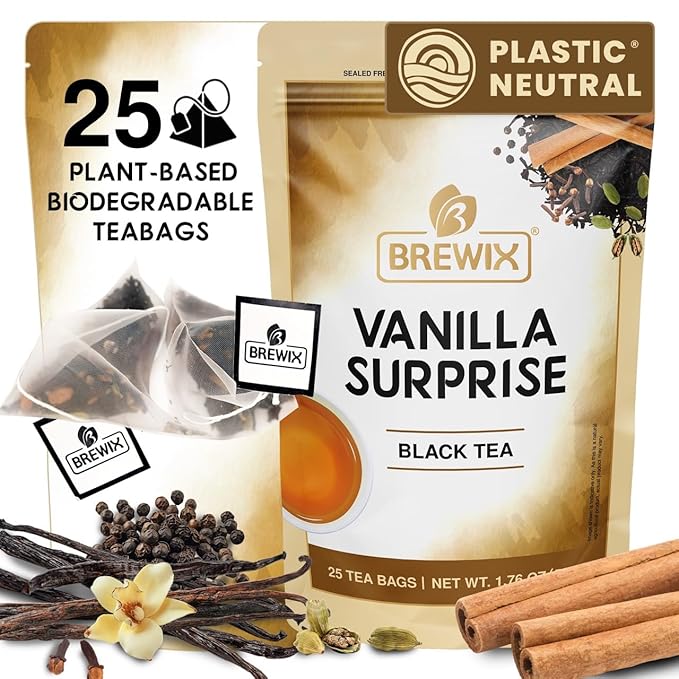 BREWIX, Vanilla Spiced Chai Tea (25 Pyramid Tea Bags) | High Caffeine, Gluten Free | Blend Of Vanilla & Masala Chai Tea | Black Tea with Cinnamon, Black Pepper, Cardamom and Clove | Energy & Focus Tea - Bloomnest