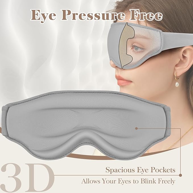 3D Cooling Eye Mask Sleep Mask for Men & Women, 100% Pressure-Free & Light Block-Out Eye Mask for Sleep with Easy Adjustable Strap, Night Eye Cover for Travel, Grey - Bloomnest
