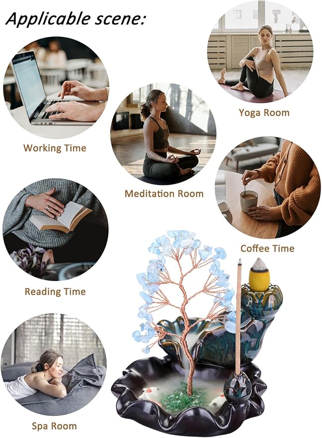 Jovivi Backflow Incense Burner Ceramic Incense Waterfall, Natural Aquamarine Healing Crystal Money Tree Incense Holder for Wealth, Good Luck, Yoga Meditation, Home Decor - Bloomnest