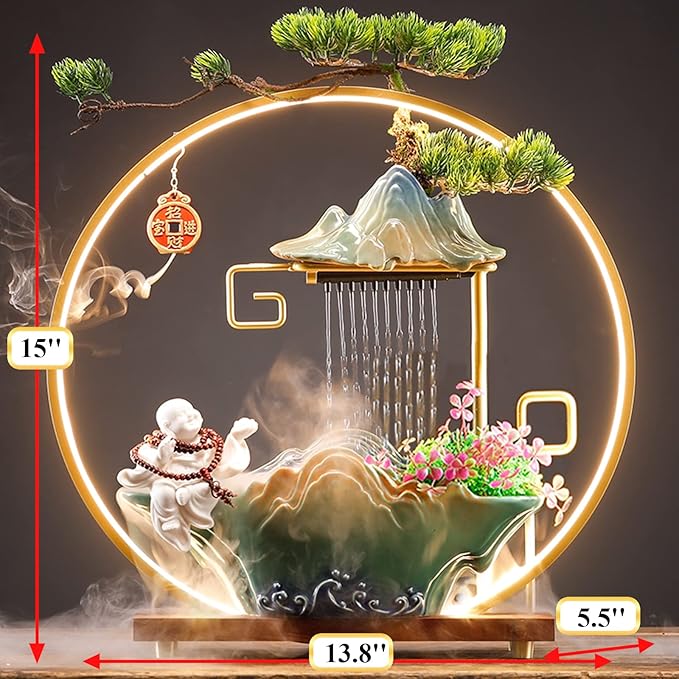 Tabletop Buddha Water Fountains Indoor Waterfall with LED Light Desktop Fountain for Meditation with Mist Japanese Fountain with Fake Plants Feng Shui Office Home Decor for Good Luck Wealth - Bloomnest