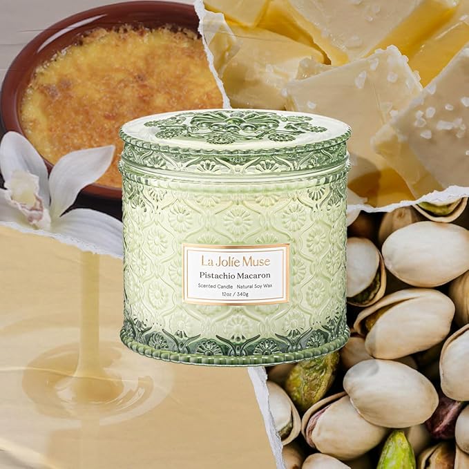 LA JOLIE MUSE Pistachio Macaron Candle | Pistachio, Milk & Vanilla | 12 oz Double Wick Soy Candle | Natural Soy Wax | 60 Hours Clean Burn | Holiday Gift for Dessert Lovers | Seasonal Home Décor - Bloomnest