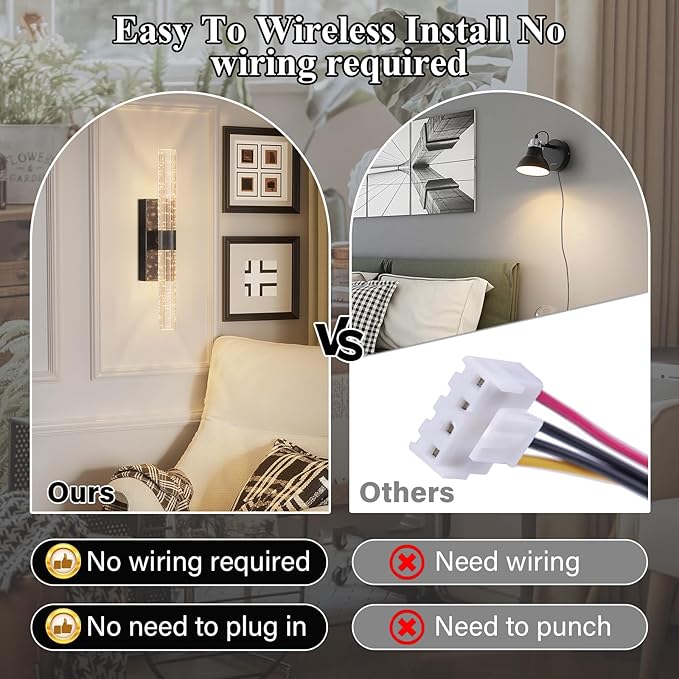 camuucci Battery Operated Black Wall Sconces Set of 2 Rechargeable Battery Powered Wall Light with 12000mAh Indoor Not Hardwired Dimmable Wall Lamp Fixtures for Bedroom Living Room 20.9 Inches - Bloomnest