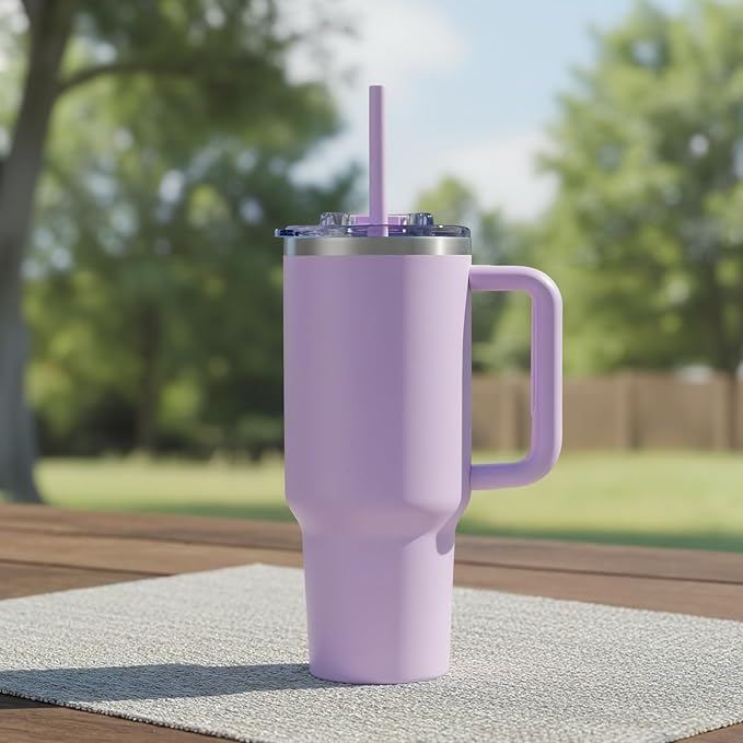 COKTIK 40 oz Tumbler With Handle and Straw Lid, Vacuum Insulated Travel Coffee Mug Stainless Steel Insulated Cup for Beverages, Leak-proof, Cupholder Friendly (Lavender) - Bloomnest
