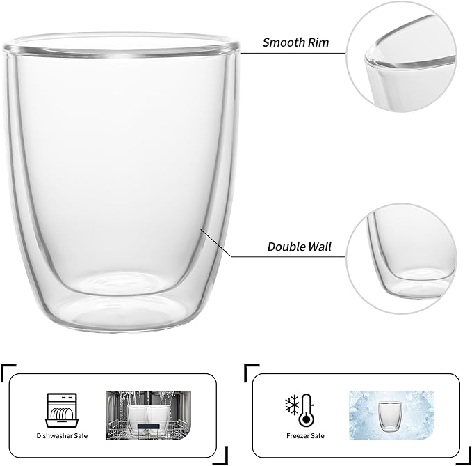 NIRA.Z 2 Pack12oz Double Wall Glass Coffee Mugs, No Hole Bottom, Insulated Borosilicate Glass Coffee Cups, Clear Mugs for Hot & Cold Beverages, Perfect for Espresso, Latte, Tea, Cappuccino - Bloomnest