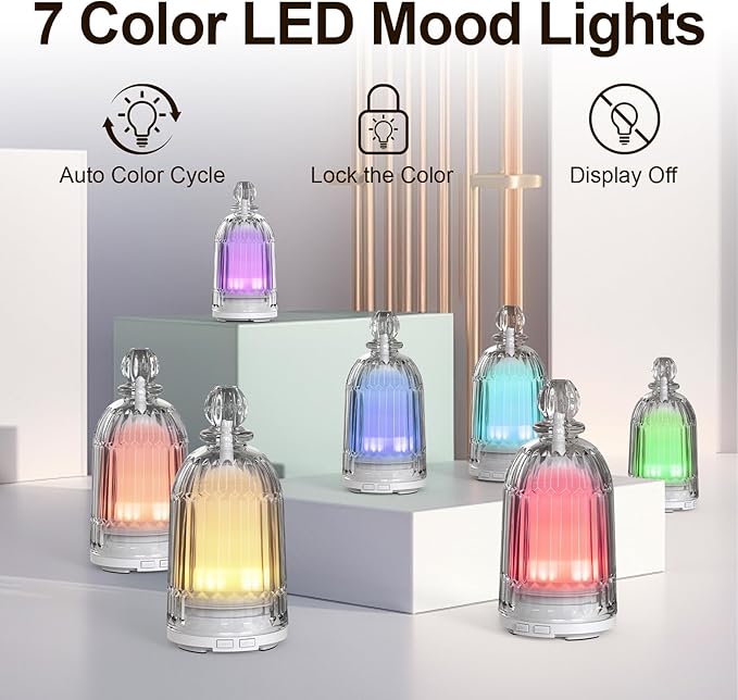 120ml Glass Essential Oil Diffuser, Ultrasonic Aroma Diffuser Glass Cover & Plastic Reservoir with Auto Shut-Off, 7 Colors LED Light for Home, Bedroom, Office, Yoga(White Base) DOUDING