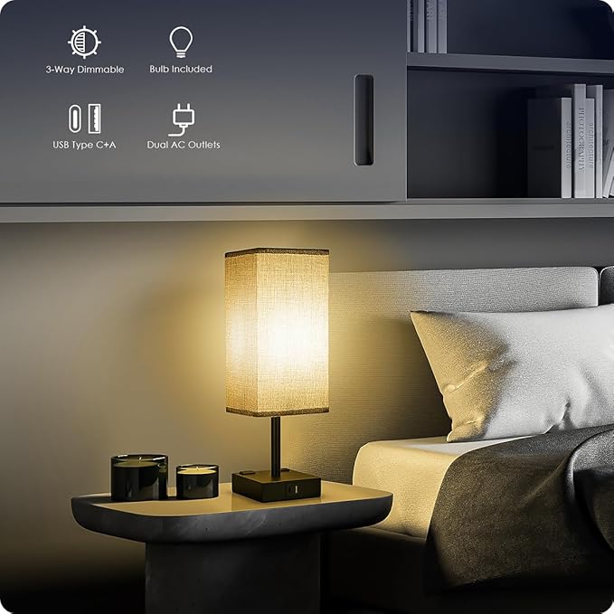 Bedside Table Lamp for Bedroom - Touch Small Lamp with USB C+A Charging Ports & AC Outlets, 3 Way Dimmable Nightstand Light for Living Room (LED Bulb Included, Grey) - Bloomnest