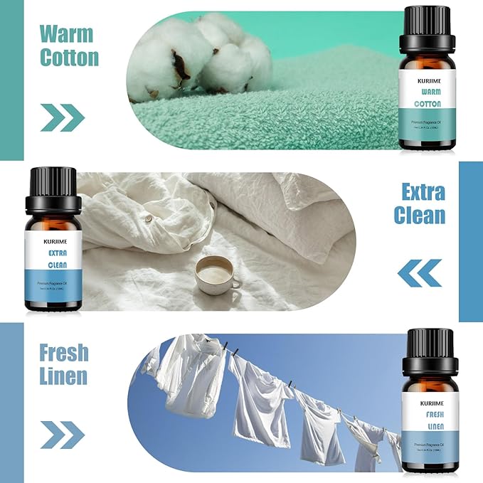 Essential Oils Set, Clean Scents Fragrance Oil Essential Oils for Diffuser Aromatherapy - Fresh Linen, Extra Clean, Warm Cotton, Soft Powder, Pure Soap, Eucalyptus Peppermint, 6x10ml - Bloomnest