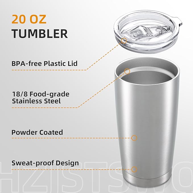 20 oz Tumbler with Lid Stainless Steel Insulated Tumblers Double Wall Vacuum Coffee Mug Powder Coated Tumbler Cups for Cold and Hot Drinks, Stainless Steel, 1 pack