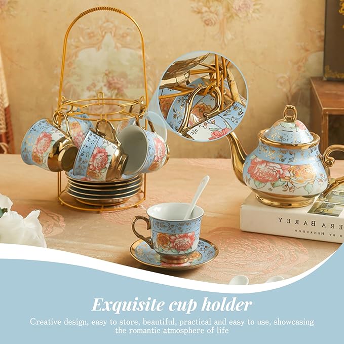 20Pcs Porcelain Tea Set for Adults, European Ceramic Tea Set Flower Ceramic Tea Cups, Teapot, & Saucers with Metal Holder for Women Tea Party (Blue) - Bloomnest