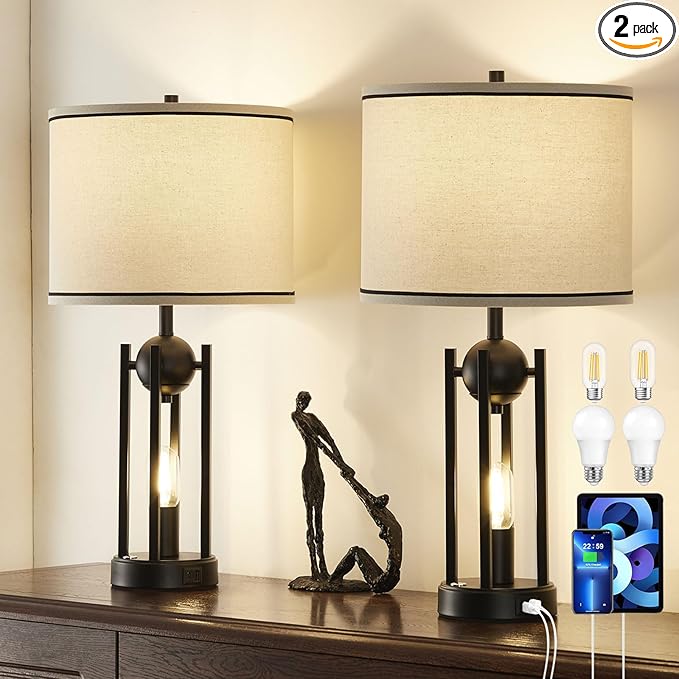 25'' Farmhouse Table Lamps for Living Room Set of 2 with USB C+A Ports, Vintage Bedside Lamp for Bedroom, Touch Lamps for Nightstand, Dual Lights Independent Switch, 4 Bulbs Included, Black - Bloomnest