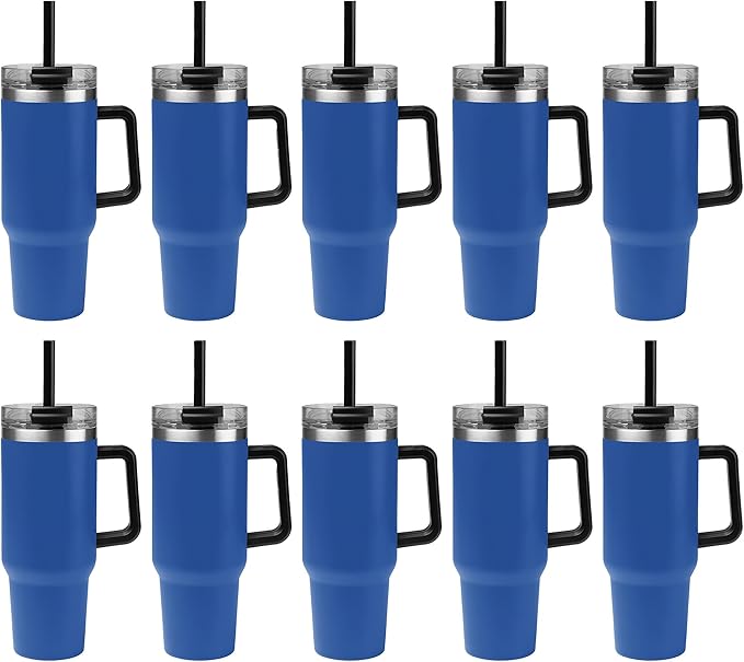 10 Ct of 40 Oz Intrepid Stainless Steel Tumbler with Lid, Straw & Handle – Blue – Customizable Insulated Cups for Water, Coffee, Hot & Iced Drinks – Great for DIY, Events, Work - Bloomnest