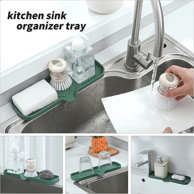 Silicone Bathroom Soap Dishes with Drain Spout-Bathroom and Kitchen Sink Organizer,Sponge Holder,Dish Soap Tray,Perfect for Dispenser,Scrubber,Bottle,Cup on Sink or Counter-Green 12"×4" - Bloomnest