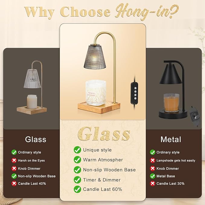 Hong-in Black and Gold Candle Warmer Lamp with Timer Dimmer,Birthday Gifts for Women Mom,House Warming Gifts New Home Room Decor,Vintage Wax Warmer for Scented Wax Jar Candles