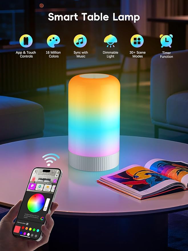 RGBICWW Smart Table Lamp, Touch Bedside Table Lamp with App Control, LED Desk Lamp with Music Sync, 30+ Scenes & 16M Colors, Color Changing Lamp for Bedroom Living Room Dimmable Night Light, White - Bloomnest