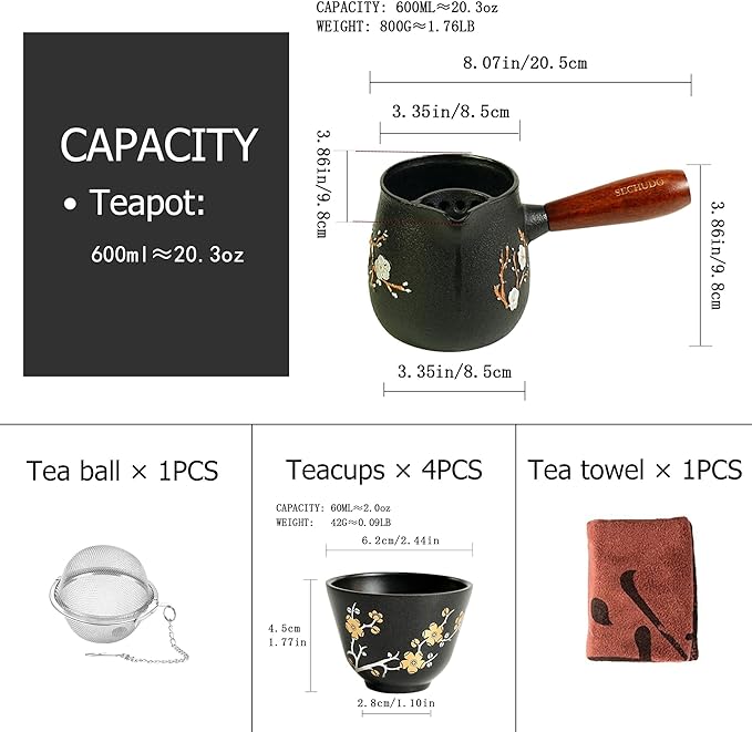 Small Cast Iron Teapot, Japanese Style Tea Kettle without Lid, 20.3 fl oz Tea Pot with Stainless Steel Teacups, Tea Ball for Loose Tea, Wooden Side-handle Tea Set for Stovetop Safe(600ml) - Bloomnest