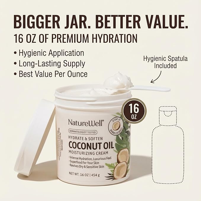 NATURE WELL Hydrate & Soften Coconut Oil Moisturizing Cream for Face, Body, & Hands, Non-Greasy, Intense Hydration & Luxurious Feel, Revives Dry & Sensitive Skin, Superfood for Your Skin, 16 Oz