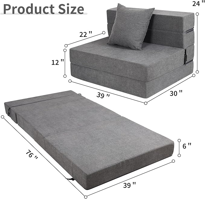 Futon Sofa Bed, High-Density Memory Foam Couch with Fluffy Pillow, Folding Floor Guest Bed, Twin Size, Dark Grey - Bloomnest