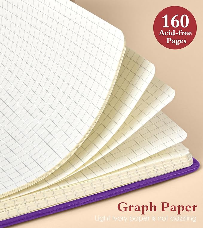 PAIBAS Graph Notebook for Women Men, 160 Pages Grid Paper, Graphing Notebooks for School, Work, Quad Ruled, Inner Pocket, A5 Hardcover Vintage Leather Journals for Writing, 5.8"x8.5" (Purple) - Bloomnest